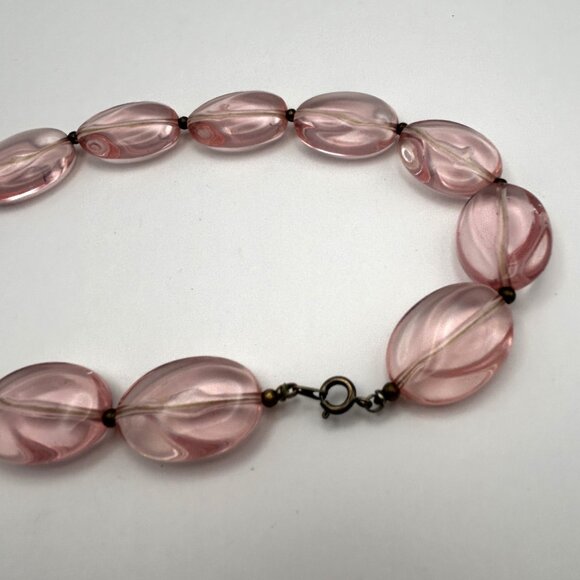 Vintage Pink Glass Bead Necklace Oval Molded Translucent Beads 24” Retro - Picture 5 of 11
